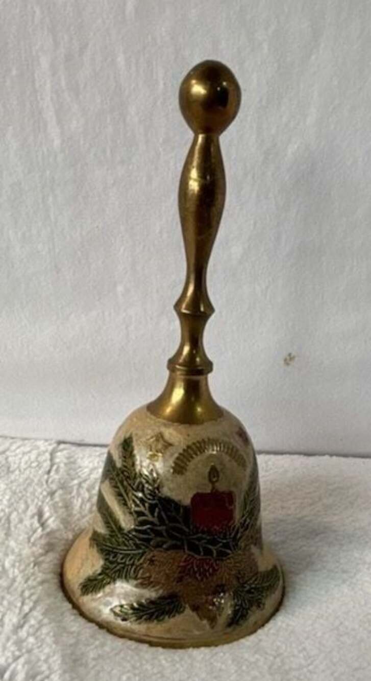 Vintage Brass Christmas‎ Hand Bell with Painted Holiday Floral Design